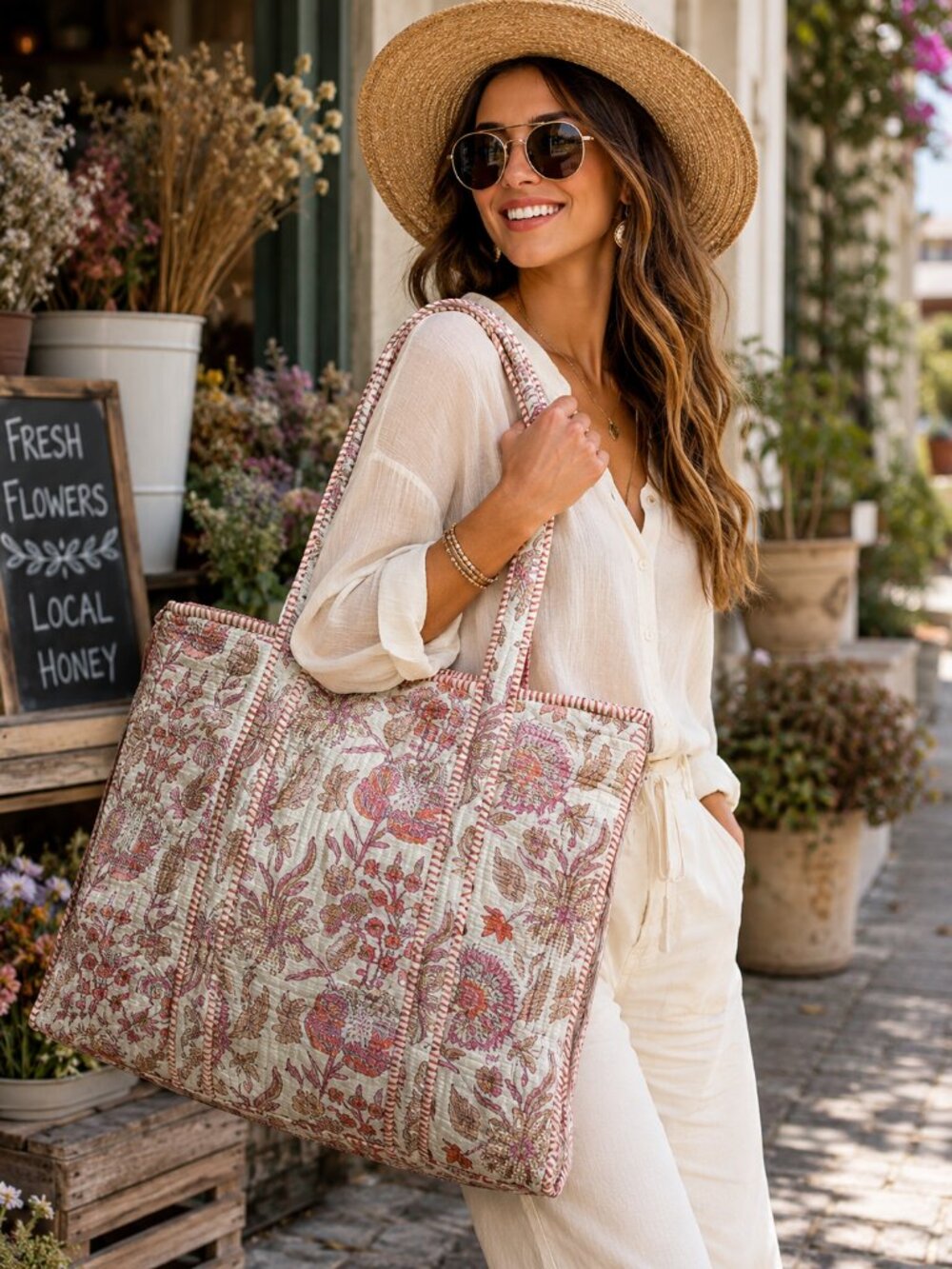 Quilted Floral Cotton Tote Shoulder Bag Embroidered Boho Cream Pink Tan Large